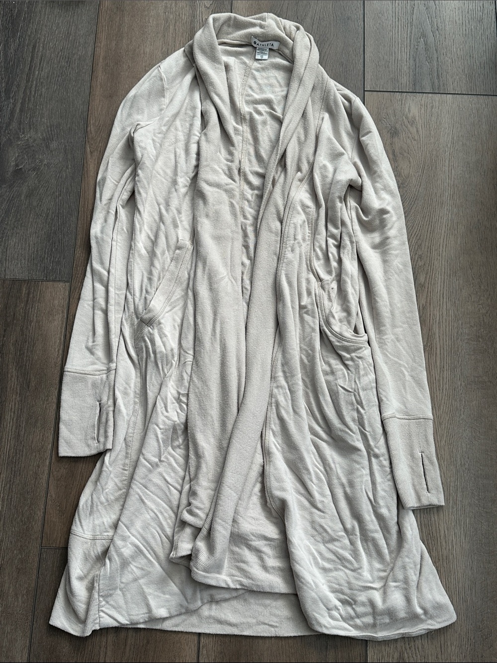Athleta Long Beige Open Front Sweater with Pockets